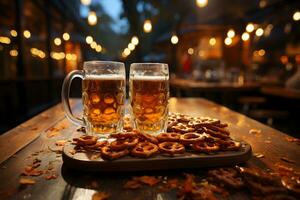 Oktoberfest cerveza tazas y pretzels en un de madera mesa a acogedor restaurante antecedentes en el noche. foto