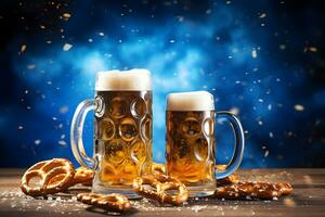 Oktoberfest traditional beer mugs and pretzels on a wooden table at blue background. photo