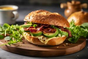 Fresh bagel with bacon, avocado, cheese and green salad on wooden plate, close up on dark background. AI generated. photo