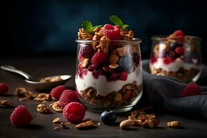 Yogurt granola parfait with sliced nuts, fresh raspberry and blueberry in a glass jar on dark background. Generative AI. photo