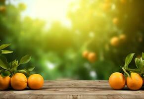 Wooden table with orange fruits and free space on nature blurred background. Generated AI. photo