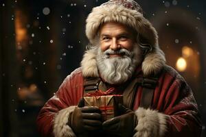 Happy Santa Claus outdoors in snowfall with christmas gift box in the hands on dark background. photo