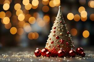 Creative gold christmas tree with red balls and glitter on blurred, sparkling lights background. Festive mockup banner with baubles decoration and copy space. photo