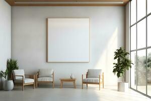 Rectangular frame poster mockup, on light concrete wall in the waiting room of the hospital with modern scandinavian style furniture and big window, loft interior decoration. Generated AI. photo