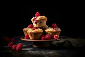 Raspberry muffins with fresh raspberries on a table, close up, dark background. A delicious dessert or breakfast. AI generated. photo