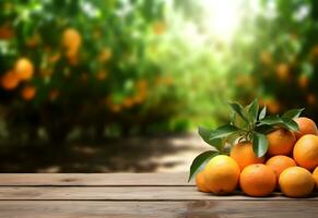 Wooden table with orange fruits and free space on nature blurred background. Generated AI. photo