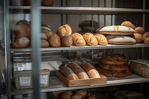 varios tipos de Fresco pan, bollos y junquillo en estantería en panadería un rústico mesa en un un pan tienda para desayuno y tarde té. ai generado. foto