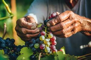 Close up of farmer male hands picking red grape. Organic fruits, harvesting and farming concept. Generated AI. photo