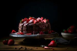 Delicious chocolate strawberry cake torte dessert with fresh berries and butter cream on dark background. Ai generated. photo