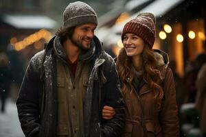 Young couple on christmas market, winter weather atmosphere, enjoys holiday shopping. photo