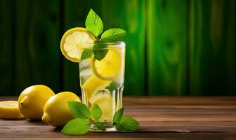 refrescante limonada con Fresco limón rebanadas creado por ai herramientas foto