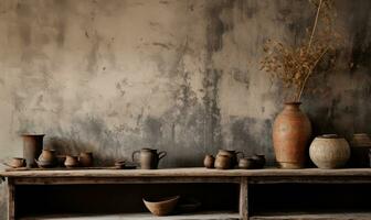 Wabi-sabi interior with vases on a shelf and table. Created by AI photo