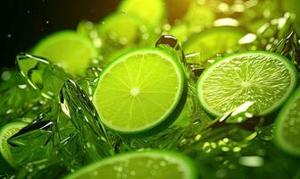 Close-up of vibrant lime slices adorned with water droplets. Created by AI tools photo