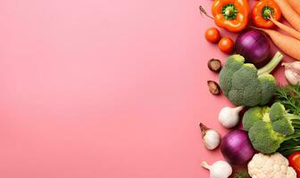 Top view vegetables on pink background. AI Generative photo