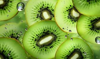 Close-up of juicy kiwi slices adorned with water droplets. Created by AI photo