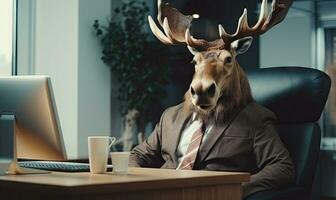 In a vibrant office, a man in a moose costume works confidently. Created by AI photo