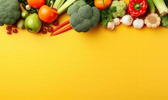 Fresh vegetables on yellow background. Top view. Copy space. Created by AI tools photo