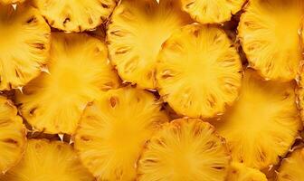 Close-up of golden juicy pineapple slices. Created by AI photo