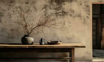 wabi-sabi interior con floreros en un estante y mesa, . creado por ai foto