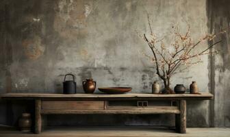 wabi-sabi interior con floreros en un estante y mesa, . creado por ai foto