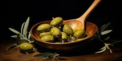 Fresh olives in a spoon with dripping oil. AI Generative photo