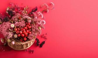 Rustic wicker basket filled with a mix of red and white blooms. Created by AI photo