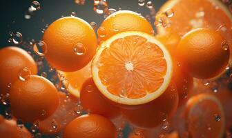 Vibrant oranges float in clear water, illuminated by sunlight. Created by AI photo