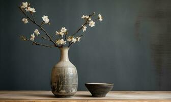 Close-up of a rustic Japanese clay vase in wabi-sabi style. Created by AI photo