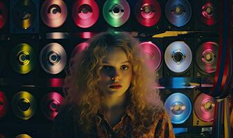 Girl is a movie fan with neon lights and colorful records backdrop. Created by AI photo