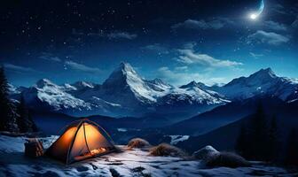 Illuminated tent in snowy mountains under a starry sky. A tranquil alpine camping moment capturing nature's vast splendor. Created by AI tools photo