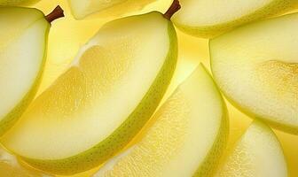 Close-up of vibrant yellow pear slices. Created by AI photo