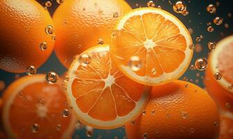 Vibrant oranges float in clear water, illuminated by sunlight. Created by AI photo