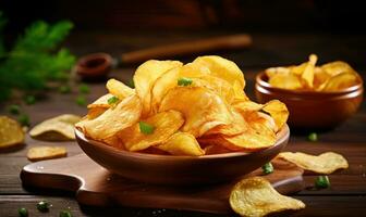 Golden potato chips in a wooden bowl. Created by AI tools photo