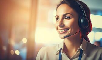 Cheerful woman customer support representative ready to assist. Created by AI tools photo