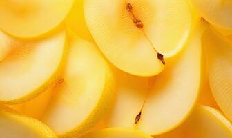 Close-up of vibrant yellow pear slices. Created by AI photo