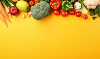 Fresh vegetables on yellow background. AI Generative photo