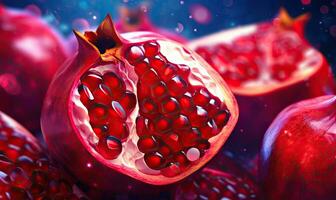 Macro shot of a glistening pomegranate, showcasing its vibrant red hue. Created by AI photo