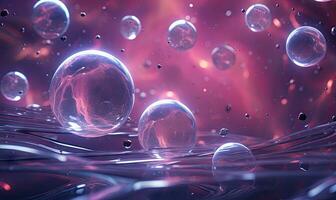 Ethereal scene of water bubbles in a dark backdrop. Created by AI photo