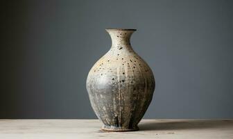 A small vase in the style of wabi sabi on a wooden table against a gray wall. AI Generative photo