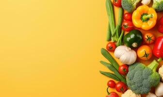 Fresh vegetables on yellow background. Top view. Copy space. Created by AI tools photo