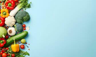 Top view vegetables on blue background. AI Generative photo