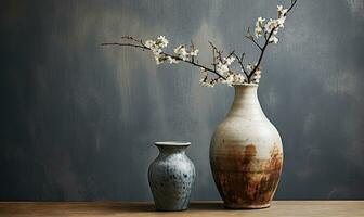 Close-up of a rustic Japanese clay vase in wabi-sabi style. Created by AI photo