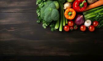 vegetales en negro madera antecedentes. vegetariano orgánico comida bandera. Cocinando ingrediente. creado por ai herramientas foto