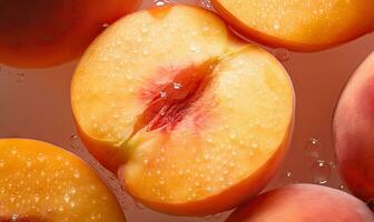 Close-up of a juicy peach slice. Created by AI tools photo