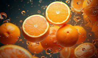 Vibrant oranges float in clear water, illuminated by sunlight. Created by AI photo
