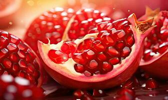 Macro shot of a glistening pomegranate, showcasing its vibrant red hue. Created by AI photo