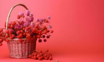 Rustic wicker basket filled with a mix of red and white blooms. Created by AI photo