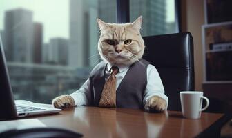 apuesto felino en un elegante traje se sienta trabajando a un oficina escritorio. ai generativo foto