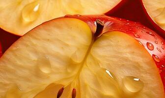 rojo manzanas rebanadas macro capturar de un crujiente manzana rebanada agua gotas. de la naturaleza frescura. creado por ai herramientas foto