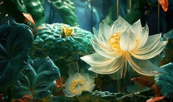 Botanical scene with glassmorphism effect. Tropical paradise. Blurred flowers and greenery. Created by AI photo